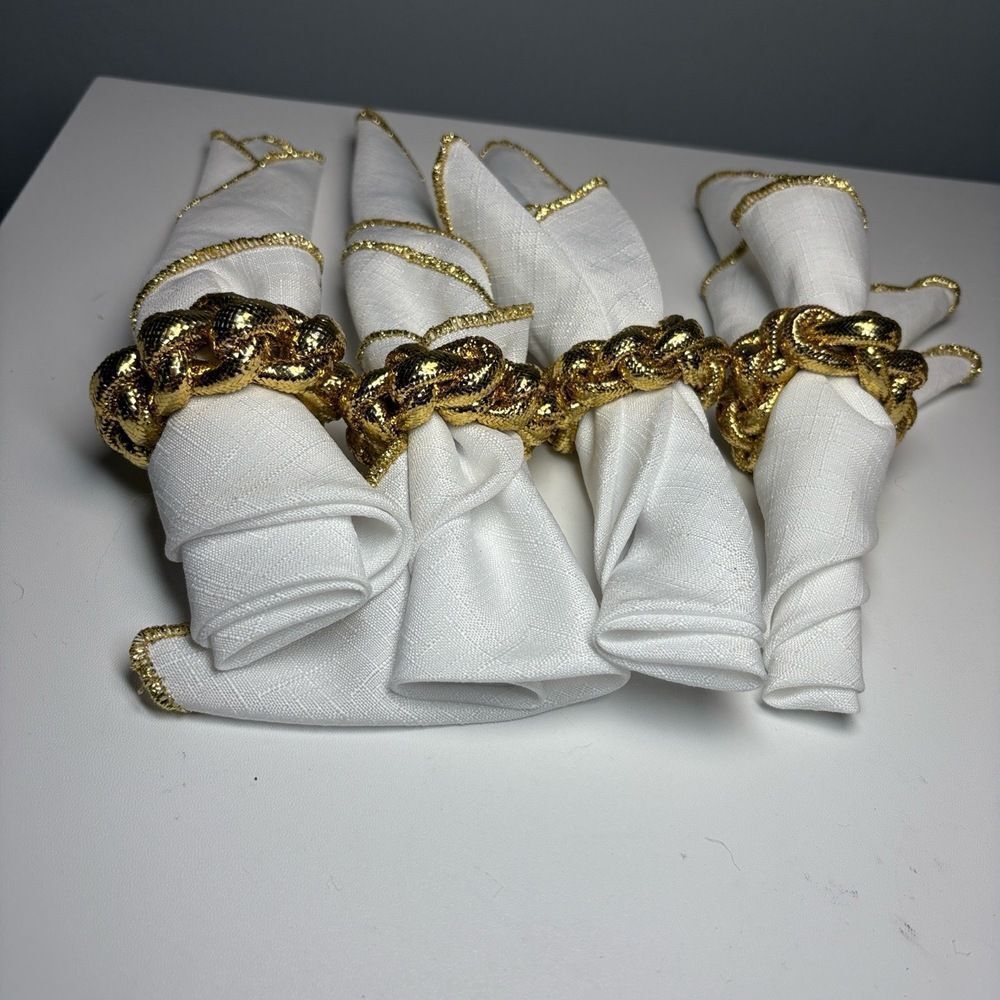 NWOT 4 White Gold Braided Napkin Rings Metallic Sheen Table Decor